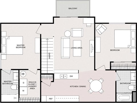 Floor plan for 2 beds, 2 baths, 1075 sqft